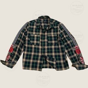 Rare Civil Regime XL Plaid Flannel Shirt | Floral Embroidery Striped Streetwear